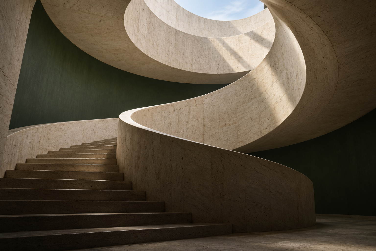 Illustrative curved stone staircase with light falling through a skylight